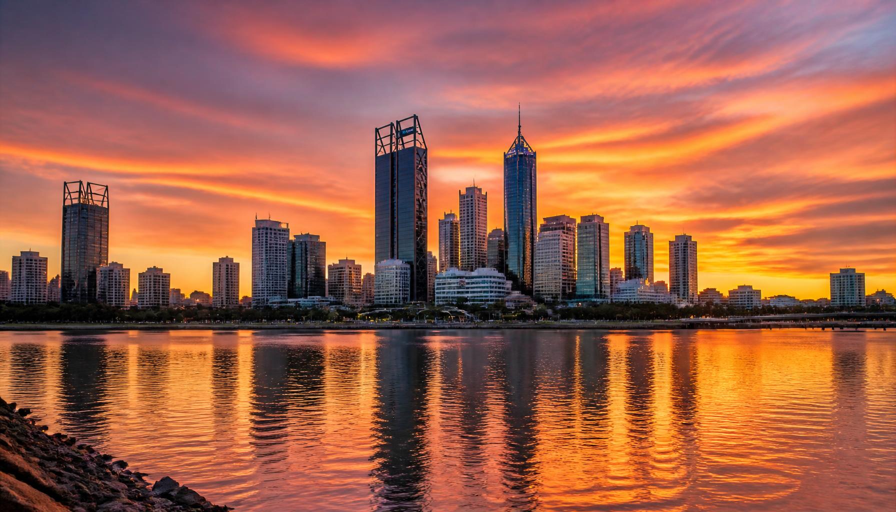 Perth city skyline across the Swan River at sunset